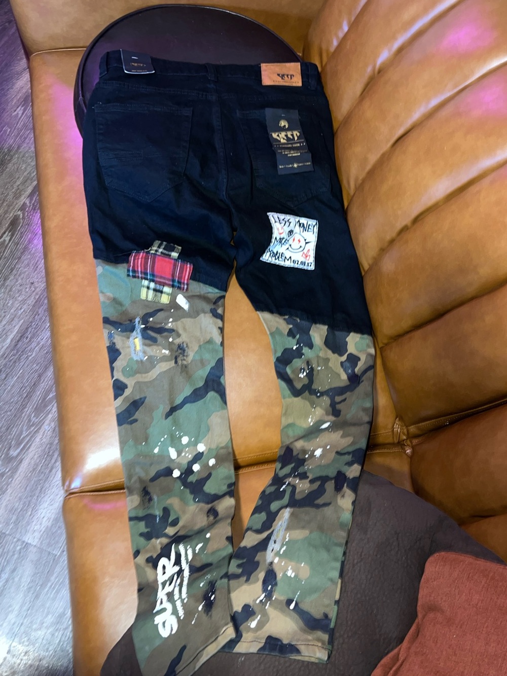 Kleep half camo/black denim distressed skinny jeans size 32/32
